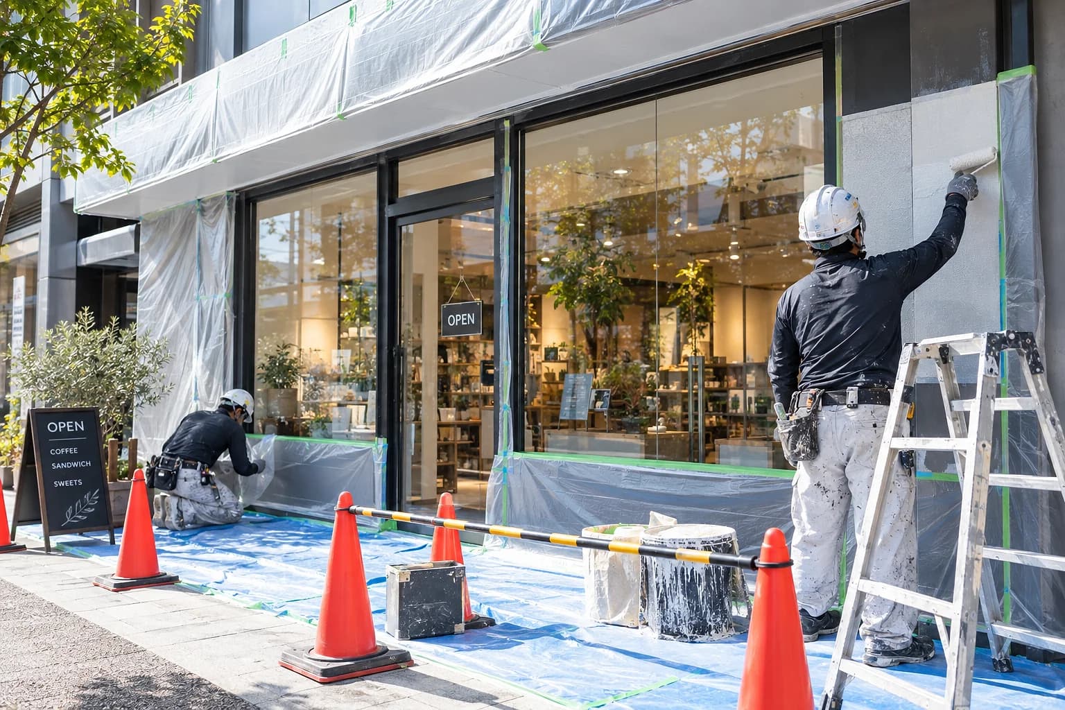 営業中の店舗の前で養生して外壁を塗る職人