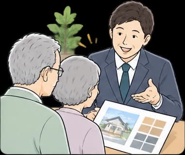 色見本を見せながら提案する担当者とご夫婦