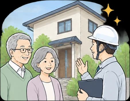 仕上がった家の前で職人と話すご夫婦