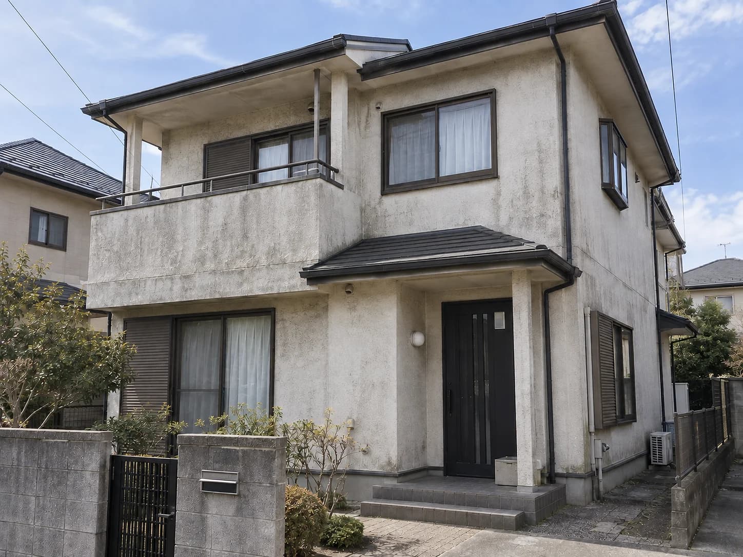 塗り替え前の戸建て住宅。外壁に汚れと色あせが目立つ