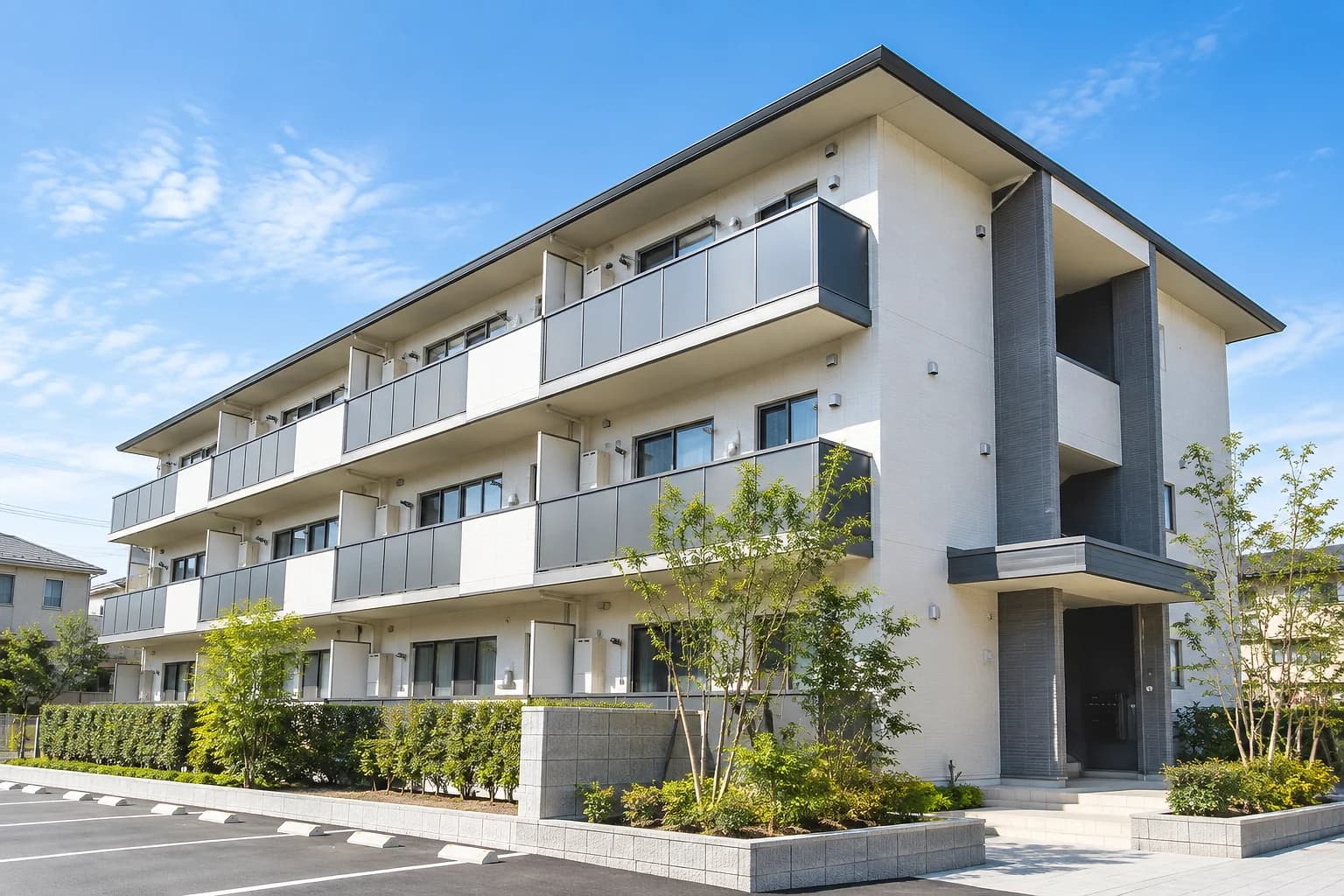 塗り替えを終えた3階建てアパートの外観