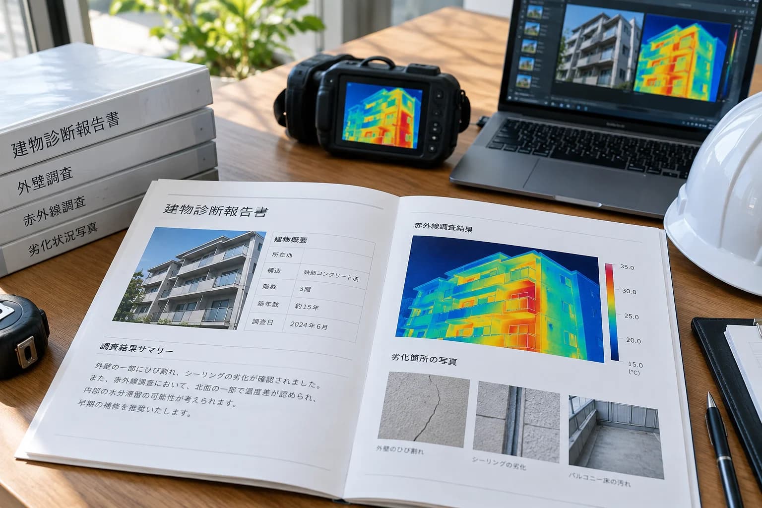 建物診断報告書と熱画像が並ぶ机