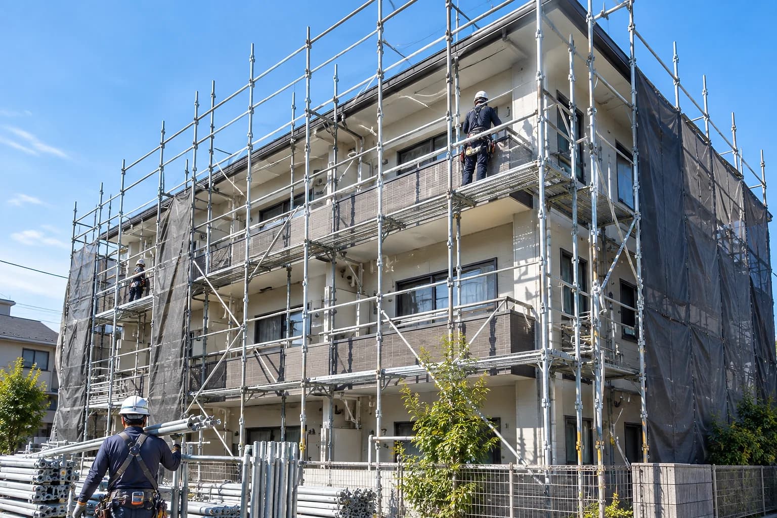 アパートを囲む足場と作業する職人