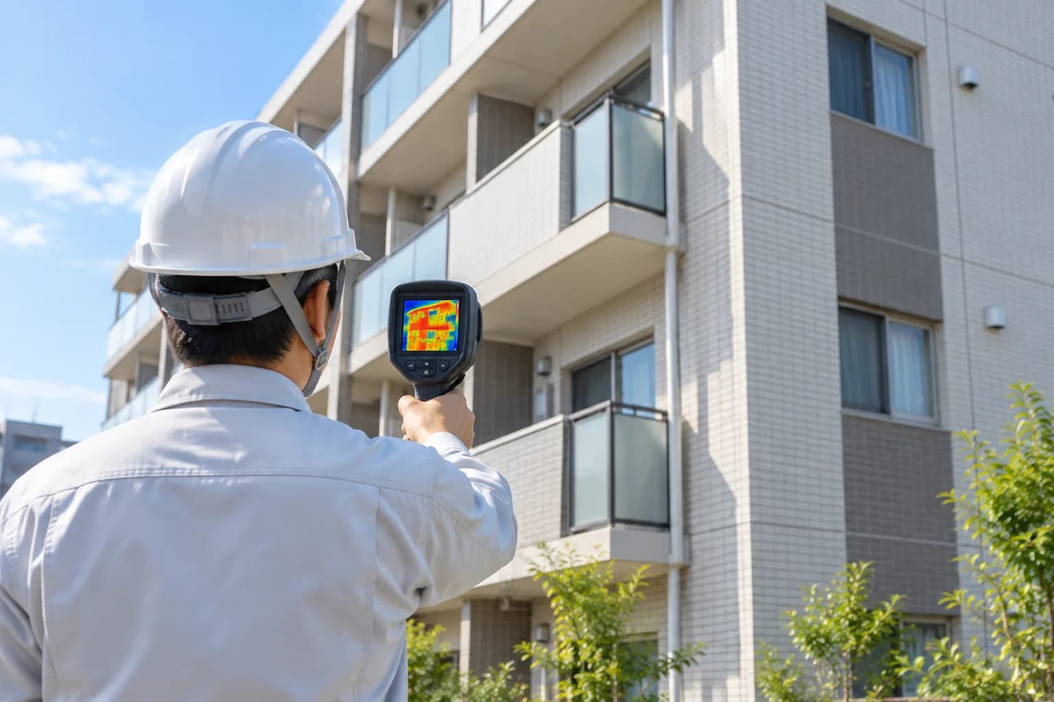 建物の外壁にサーモグラフィーカメラを向ける職人
