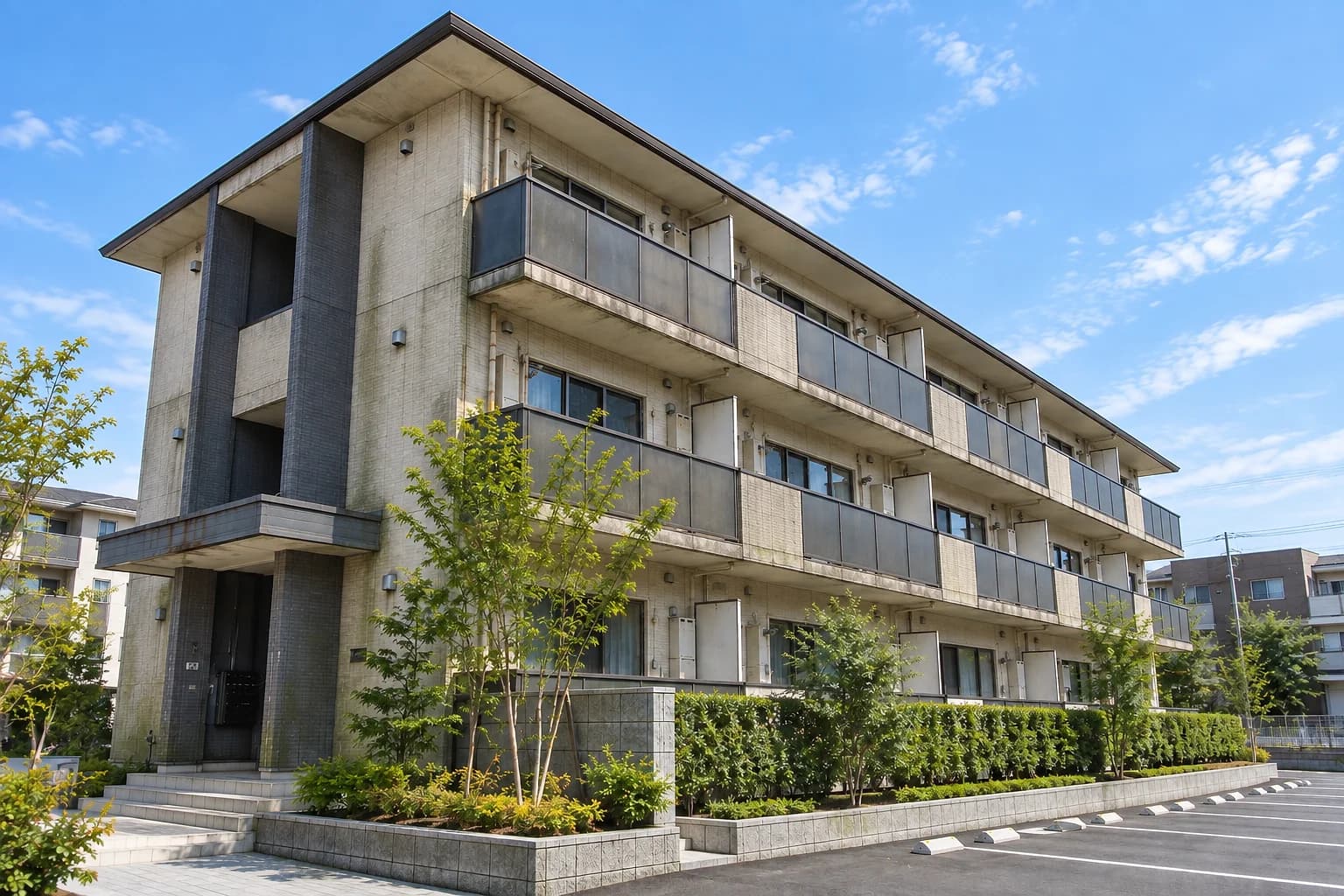 塗り替え前の3階建てアパート。外壁に汚れと色あせが目立つ