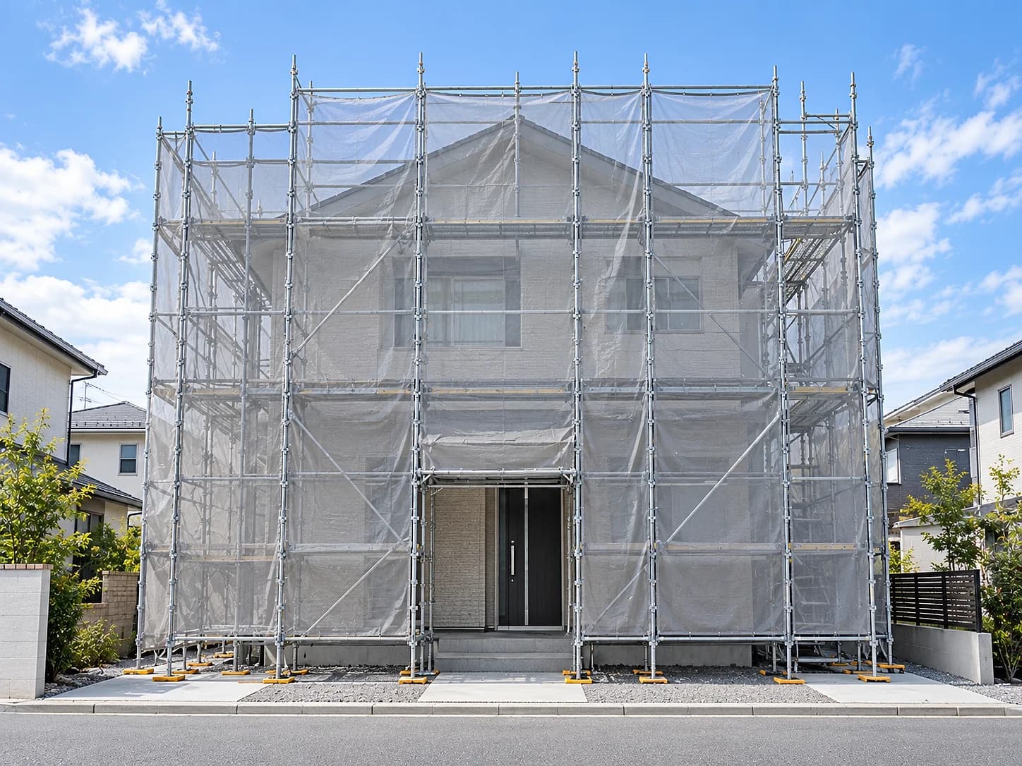 飛散防止のメッシュシートで囲った足場